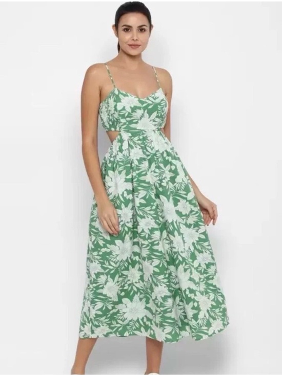 American Eagle Outfitters Dresses & Skirts - American Eagle Green & White Floral Cutout Maxi Cotton/Linen Dress